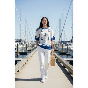 VTG 80's Windcrest Anchor Wave Sweater SZ L White Blue Hand Knit Nautical